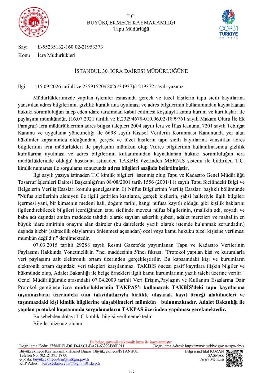 av_ferit_deniz's tweet photo. Güzel şeyler de olmuyor değil! TC olmadan takip açtınız, tapu müdürlüğünden borçlunun TC'sini almak istiyorsunuz. Bunun için tapuya müzekkere yazdırmanıza gerek yok.  Müdürün aklına da yatarsa Adalet Bakanlığı ile imzalanan protokol gereği icranın direk sorgu yapması gerekiyor :) https://t.co/Kfm67jLZdi