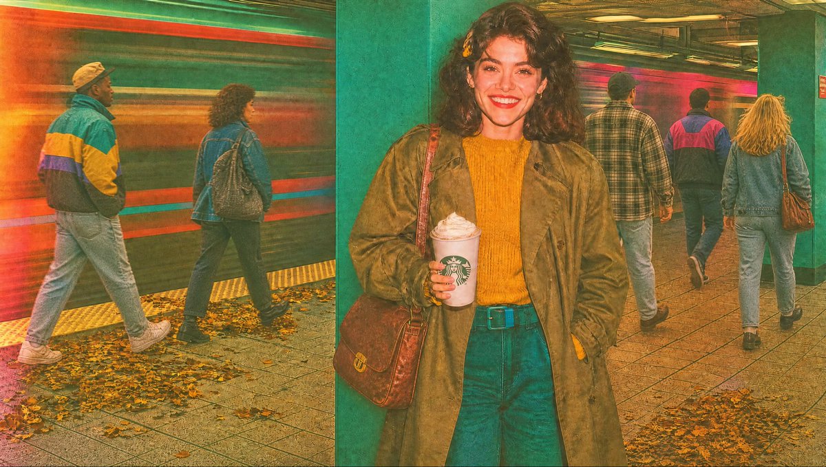 MyRedSelf's tweet photo. The #PumpkinSpiceLatte season is in full swing. And as a #PSL fan, I had to create something to celebrate the beginning of the fall, as well as the ongoing PSL season.

I wanted to design a #Starbucks spec ad campaign with this question in mind: "What if PSL existed in the 90's?" Surely, it would have been a go-to morning drink for white-collar employees. So here’s some of the frames I made as part of it. This will be followed by a video version very soon.

The tools I used:
@midjourney 
GPT Images 2.0

What is your favorite fall drink?