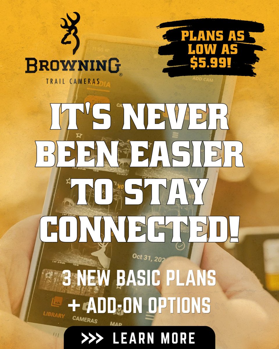 BrowningCams's tweet photo. It’s never been easier to stay connected!
Choose from 3 new cell cam plans, with add-on options to customize your experience.
Plans starting as low as $5.99/month. Learn more on our website and find the plan that works for you!
#BrowningCameras #AlwaysThere #CellCam https://t.co/hrXSSb6wtn
