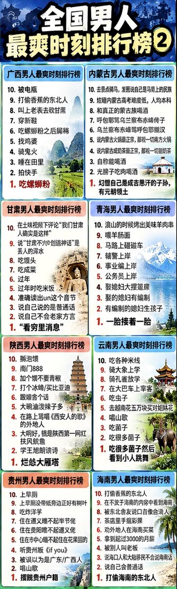 SeanX_888's tweet photo. 全国男人最爽时刻排行榜

看到自己省之前，先别笑。

四川、重庆、上海、天津、北京、新疆、宁夏、西藏、广西、内蒙古、甘肃、青海、陕西、云南、贵州、海南、广东、湖南、湖北、河南、山东、江西、福建、浙江、安徽、江苏、辽宁、吉林、黑龙江、山西、河北。

四川男人最爽时刻排行榜
10. 去金足印象洗脚免单
9. 自摸/清一色/杠七花/暗七对
8. 太古里街拍
7. 吃完曹氏窝尿时闻到曹氏味
6. 被认出是成都人
5. 太骚被男同搭讪
4. 拷打说唱小子/玩说唱/找嘻哈女耍
3. 当1
2. 当0
1. 被顶到前列腺

其他见图