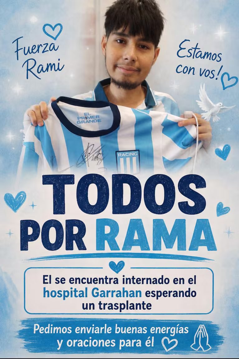 DataRacingOK's tweet photo. ES FANÁTICO DE RACING, ESTÁ INTERNADO EN EL GARRAHAN Y NECESITA UN TRASPLANTE DE CORAZÓN 🙏🏻

Ramiro Valentín Román, de 17 años, tiene una miocardiopatía hipertrófica y su estado de salud se agravó en las últimas horas, informó TN.

👉🏻 Su familia pide que aparezca un donante compatible.

¡¡MUCHA FUERZA, RAMI Y FAMILIA!! ¡¡TODOS LOS HINCHAS DE RACING ESTAMOS CON USTEDES!! 🩵🤍