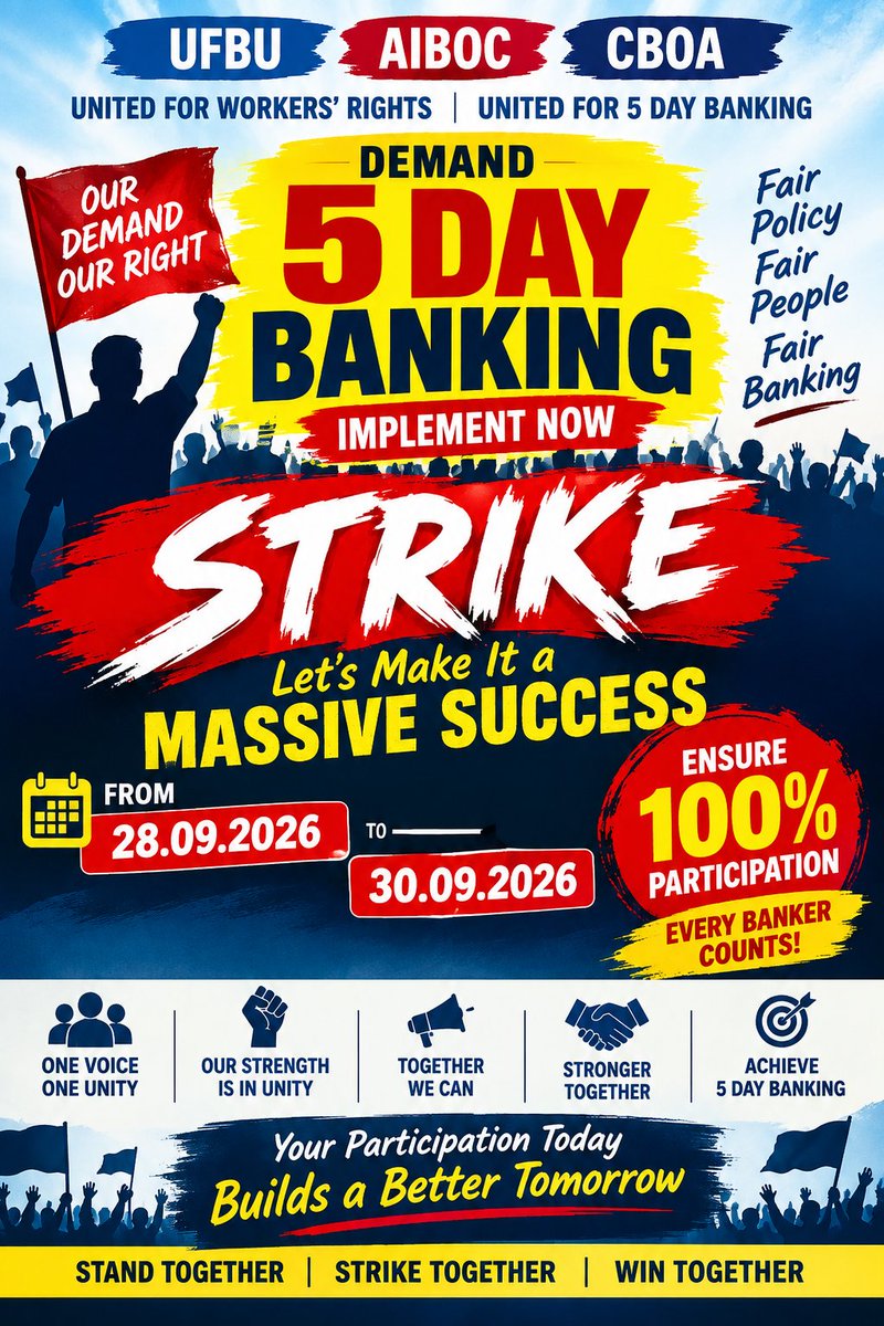 Brahma0108's tweet photo. #5daybankingnow.
Let's participate on strike from 28 to 30.09.2026 with large numbers and make it a massive success. Our voices can't be ignored. United we Fight UNITED WE WIN https://t.co/byadmXnhI9