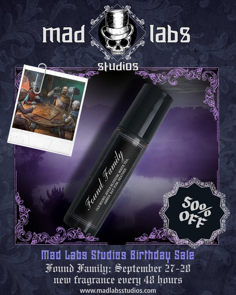 mad_labs_studio's tweet photo. FOUND FAMILY fragrance
50% off September 27 and 28

During the pandemic, the Alchemist ran a D&amp;D campaign that lasted for about three years. We played every week over Discord, and somewhere along the way, that group became a real circle of friends. For the final game of that https://t.co/HQE1zOgwLl