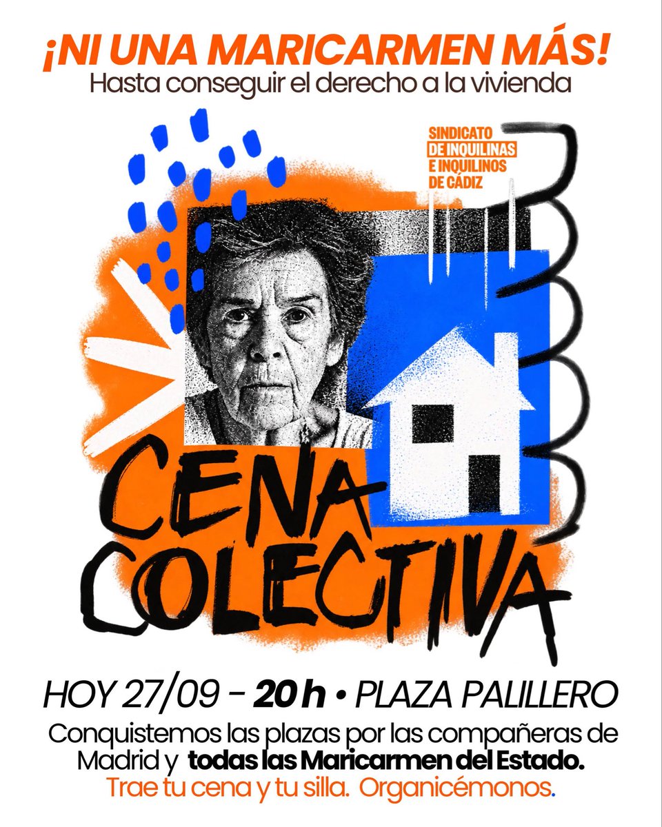 InquilinatoCdz's tweet photo. Ni una Maricarmen más! 

Hoy cenamos en la Plaza del Palillero para mostrar nuestro apoyo a la acampada de Madrid y organizarlos próximos pasos.

Por la aprobación Del Real Decreto Maricarmen, sin medias tintas.

Es el momento, trae cena y sillas, ocupemos las plazas 🔥 https://t.co/CaTAeWveeQ
