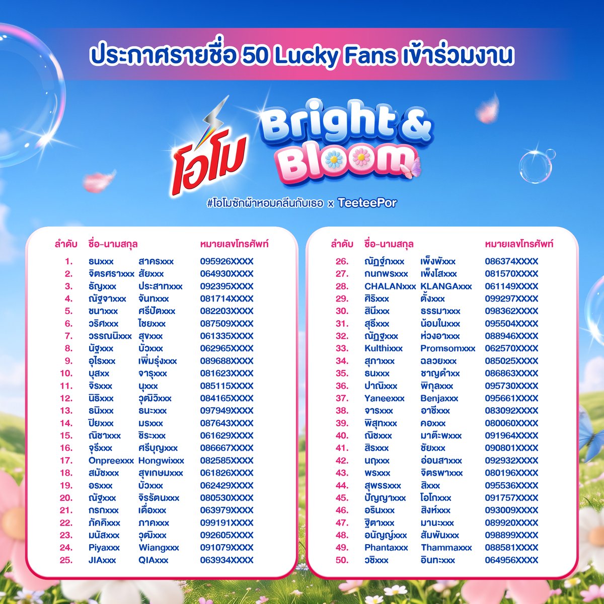 Omo_Thailand's tweet photo. 📣 ประกาศ! ประกาศ!

🎉ขอแสดงความยินดีกับ ผู้โชคดีทั้ง 50 ท่าน ที่จะได้มาร่วมสัมผัสความฟินในงาน OMO Bright & Bloom x TeeteePor 🐶🐻‍❄️

🥳✨ ใครมีรายชื่อเตรียมตัวให้พร้อม!
👉🏻 ทางทีมงานจะติดต่อกลับไปเพื่อ ยืนยันสิทธิ์ ตั้งแต่วันที่ 28 กันยายน - 2 ตุลาคม 2569 และผู้โชคดีจะต้องยืนยันสิทธิ์ ภายในวันที่ 2 ตุลาคม 2569

👀ใครไม่มีรายชื่อ ไม่ต้องเสียใจน้าาา
เตรียมกรี๊ดไปพร้อมกันผ่านไลฟ์ได้เลย! 🫶🏻
📱 รับชมความฟินแบบสด ๆ ทาง TikTok 👉🏻 unileverofficialthailand
💙 กดติดตามไว้รอเลย เดี๋ยวพลาดโมเมนต์สำคัญ! 👀✨

แล้วมาเจอกันในงาน
📅 8 ตุลาคม 2569💐

#โอโมซักผ้าหอมคลีนกับเธอxTeeteePor
#OMOBrightandBloomxTeeteePor
#โอโม #OmoThailand
#TeeTeePor #twnpich #porsuppakarn
#ตี๋ตี๋ป๋อ #วาวา
#โอโมหอมคลีนเบาสบาย
#โอโม2in1หอมนุ่มในขั้นตอนเดียว
#โอโมไชน์ออนชัดทุกเฉดเก่งทุกสี