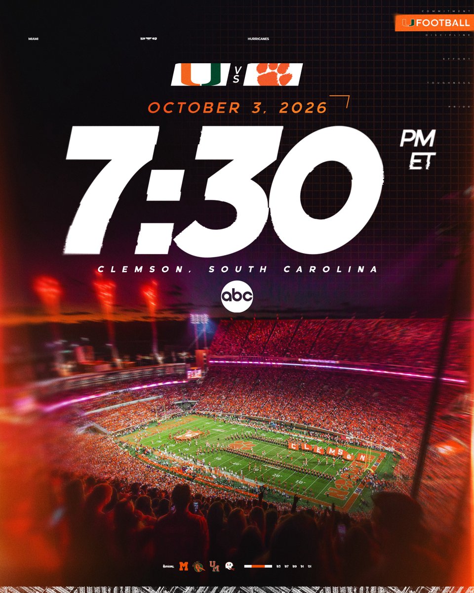 CanesFootball's tweet photo. GAME TIME SET! 🙌

We’ll face Clemson at 7:30 PM ET on October 3rd 🙌 https://t.co/3yf867XR2V
