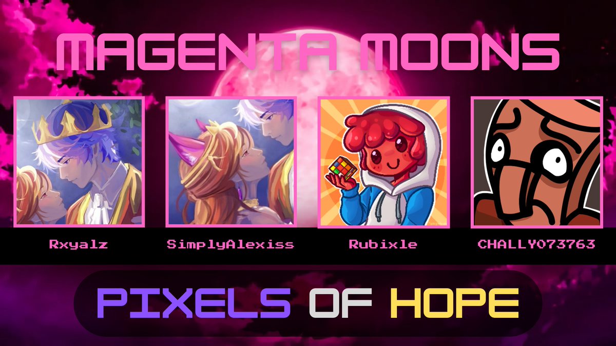 TinyRiotx_'s tweet photo. Introducing the Magenta Moons for Cosmo Championships x Pixels of Hope!

@itsrxyalz 
@Ashlyinaaa 
@Rubixle 
@CHALLY071515 

Tune in on Thursday 8th October 11pm BST where they will compete for the crown! https://t.co/XDdS5yxsIW
