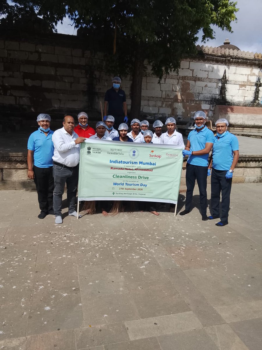 IndiatourismM's tweet photo. Swachhta Hi Seva
On World Tourism Day 2026, the Regional Office, Ministry of Tourism, Government of India, in association with Ramada Hotel, Ahmedabad, organised a cleanliness drive at Sarkhej Heritage Area, Gujarat, promoting cleanliness and responsible tourism. https://t.co/xJUNacWYTH