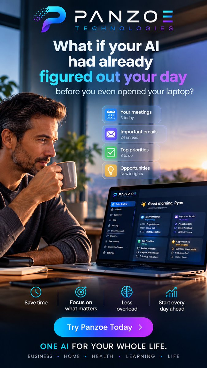 panzoeai's tweet photo. What if your AI had already figured out your day before you even opened your laptop?

Meet Panzoe Daily Briefing.

Your priorities. Your schedule. What needs your attention. Brought together so you can start the day knowing what matters.

Less searching. Less noise. More clarity.

This is just one part of Panzoe — One AI for Your Whole Life.

Try Panzoe at https://t.co/fjJAMRLIsN

#Panzoe #ArtificialIntelligence #AI #Productivity #AITools #DailyBriefing
