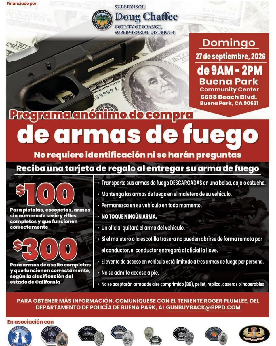NewSantaAnaBlog's tweet photo. OC Supervisor hosts anonymous Gun Buyback today in north OC

https://t.co/elF7GPqs9n

Orange County Supervisor Doug Chaffee is urging residents to safely dispose of unwanted firearms at today's Anonymous Gun Buyback in Buena Park. Residents can get gift cards totalling from $100 to $300 for turning in various weapons.