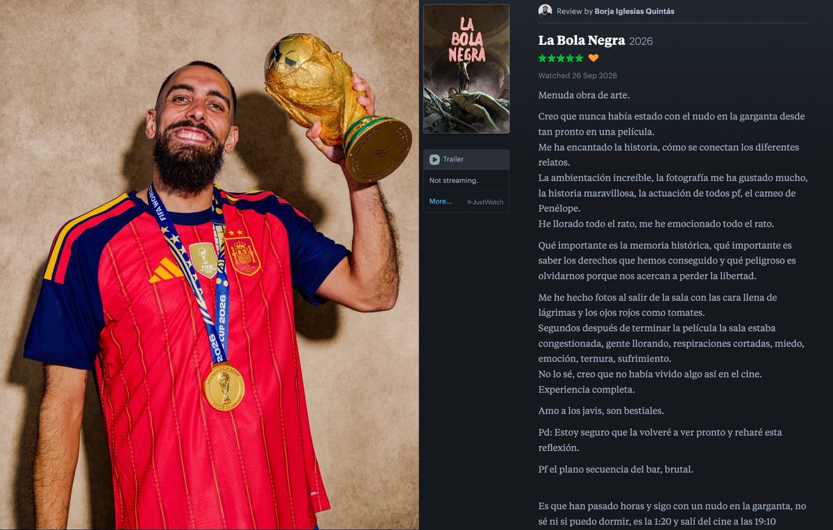 anaserhall's tweet photo. Borja Iglesias makes history as the first World Cup winner and DJ to give La bola negra a five-star review on Letterboxd. https://t.co/xqquw4Pk62