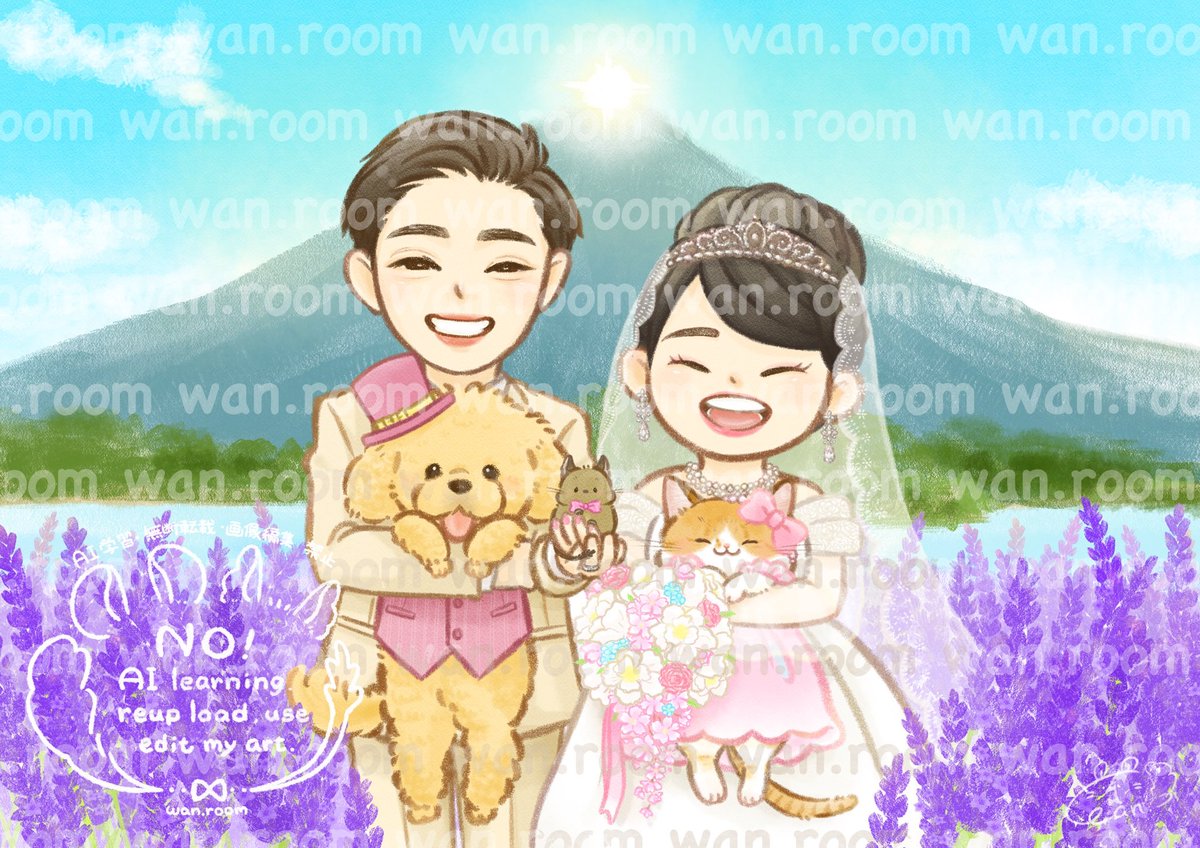 UNBELIEVERSzrn's tweet photo. わん。さん@155wan にイラストの依頼をさせていただきました！
⁡
事情があって、結婚式をあげられなかったわたしたち
なので、ふたりの思い出の場所でフォト婚している姿のイラストを描いていただきました✨
⁡
◆初夏の大石公園（河口湖）のラベンダー畑
◆エコマーノカフェ菅原で過ごす穏やかな時間 https://t.co/rx96afd1Nu