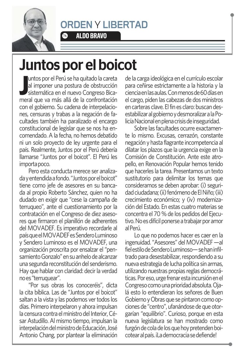 abravoq's tweet photo. 📰 No es solo contra el Ejecutivo, también han frenado el avance del Congreso. A la fecha no hemos debatido ni un solo proyecto de ley urgente para el país por la postura de obstrucción sistemática de Juntos por el Perú.

Como todos los domingos, mi opinión gracias a @ExpresoPeru.👇🏽