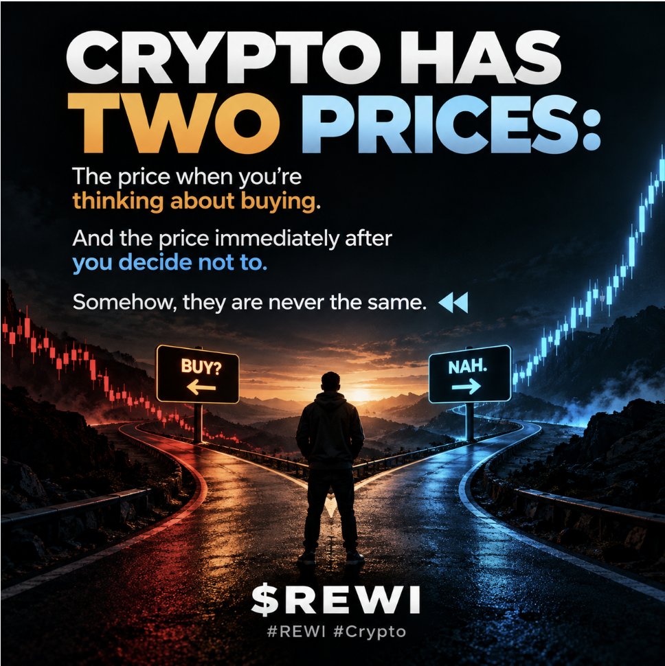 RewindiumCoin's tweet photo. CRYPTO HAS TWO PRICES:

The price when you’re thinking about buying.

And the price immediately after you decide not to.

Somehow, they are never the same. ⏪

$REWI

#REWI #Crypto https://t.co/6Uq8BOhplt
