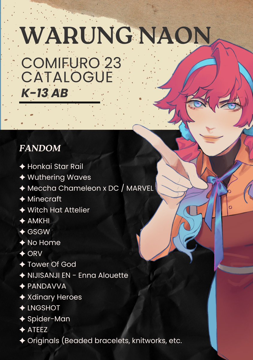 Warung_Naon's tweet photo. ❤️&amp; 🔁 are really appreciated!! 

Warung Naon #CF23 OTS catalogue is here! 

We're back again with some new merch and lots of fandoms, please come take a look!

📍: K-13 Both days
🗓️: 31 Oct - 1 Nov
💫Fandom listed per-post: HSR, WUWA, Minecraft

#comifuro23 #cf23catalogue (1/4) https://t.co/7GZCUDQGv6