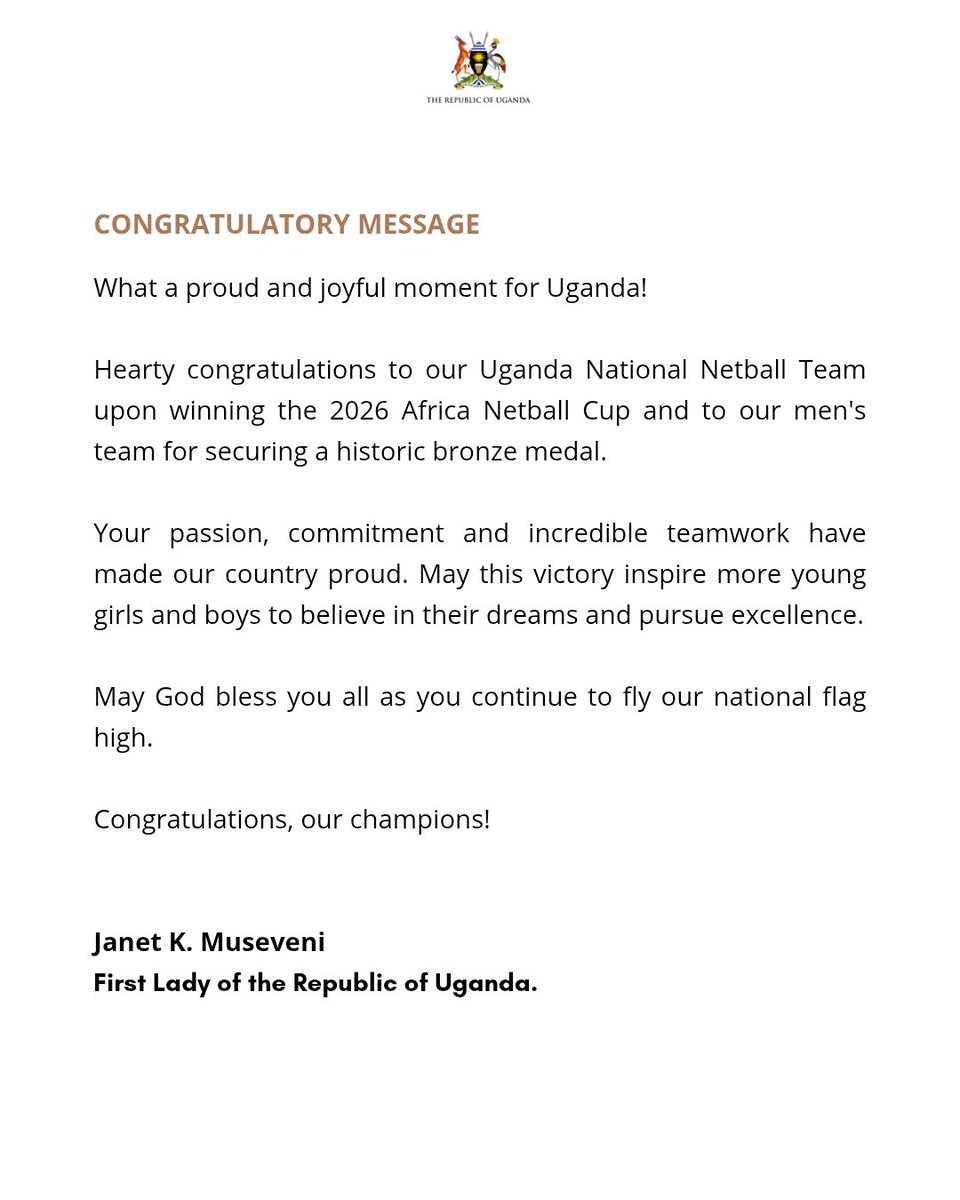 JanetMuseveni's tweet photo. What a proud and joyful moment for Uganda as our national @UgandaNetball teams make history. https://t.co/tGrv9OOsO3