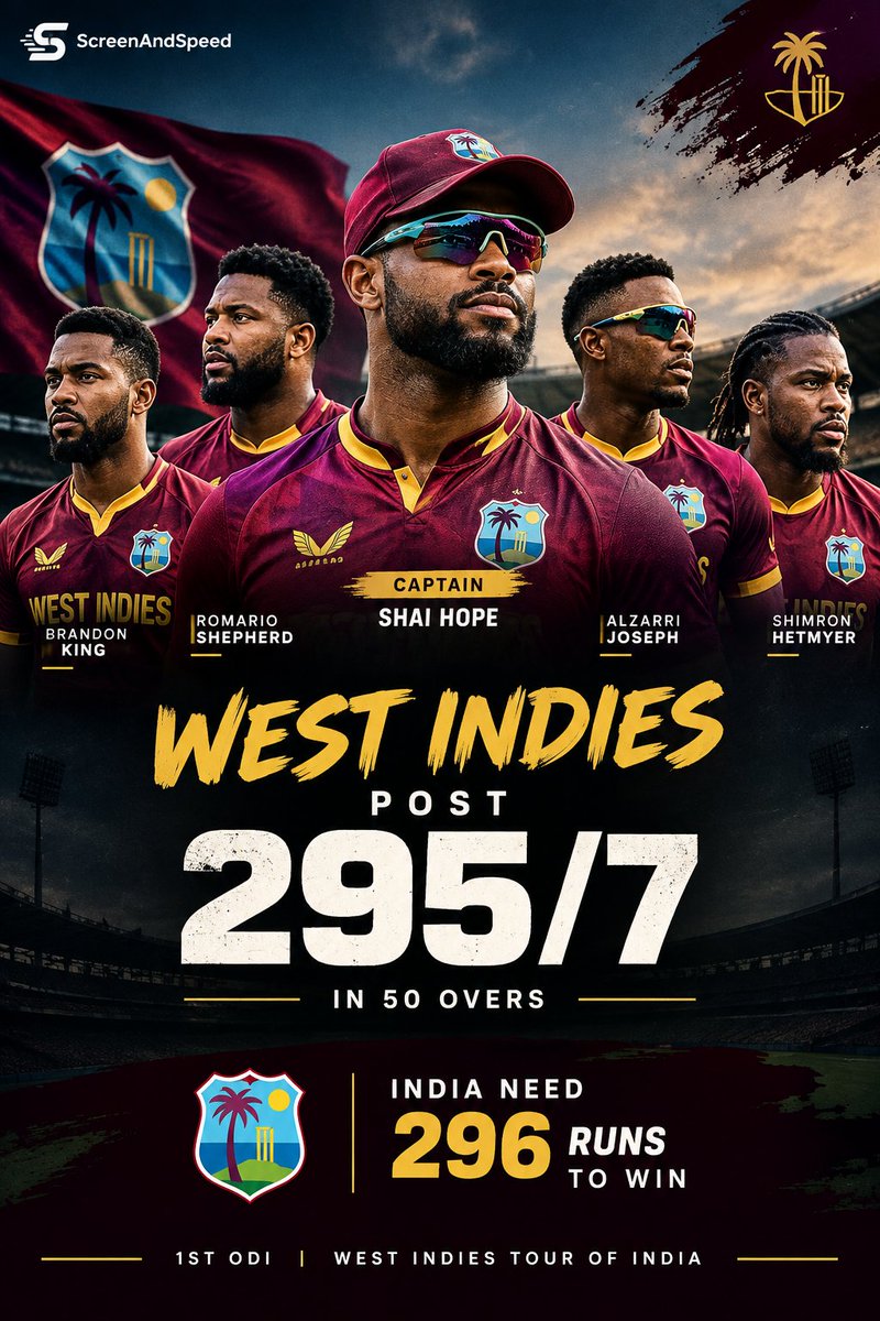 ScreenAndSpeed's tweet photo. West Indies post 295/7 in 50 overs
India need 296 runs to win the 1st ODI 👀🇮🇳

Let the chase begin🔥

#INDvsWI https://t.co/S6NlKtXBhA