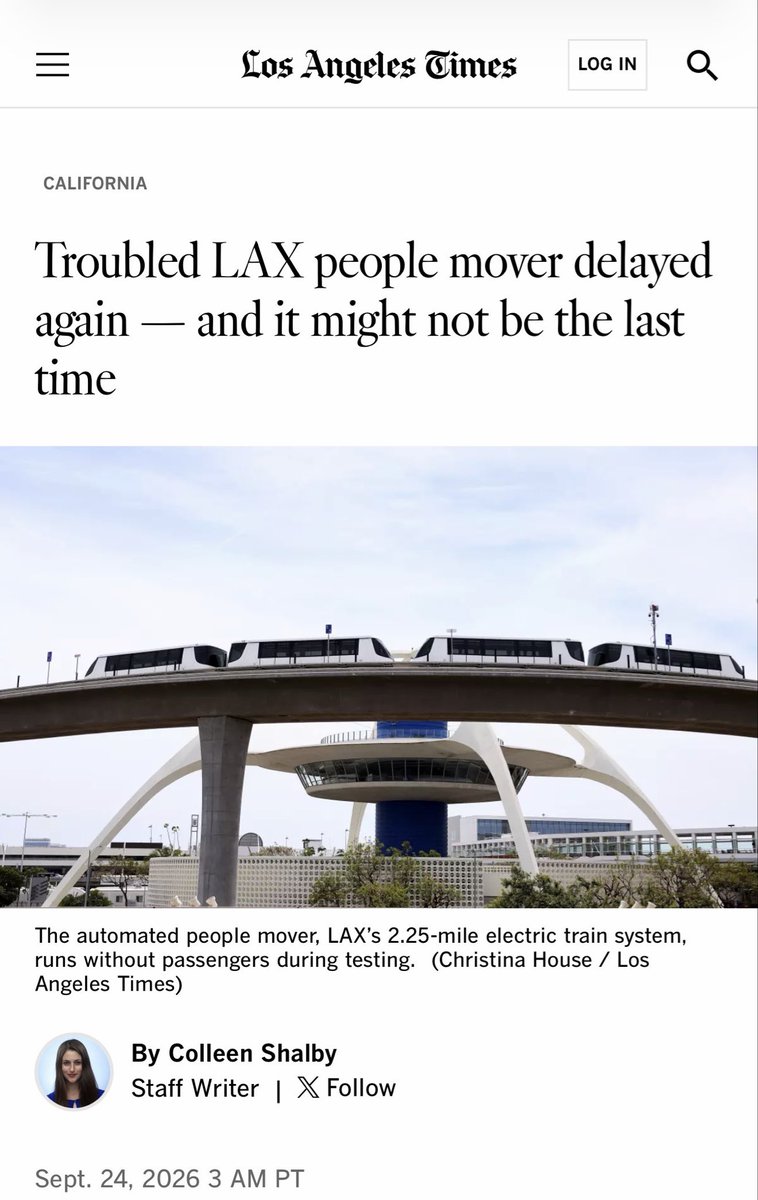 KatieMiller's tweet photo. The LAX people mover started construction in 2019 for 2.25 miles of additional track. 

Contractors already have collected $880 million extra. 

The current running cost is $1.5 billion per mile more than double the original estimate. 

California is one big money laundering scheme.