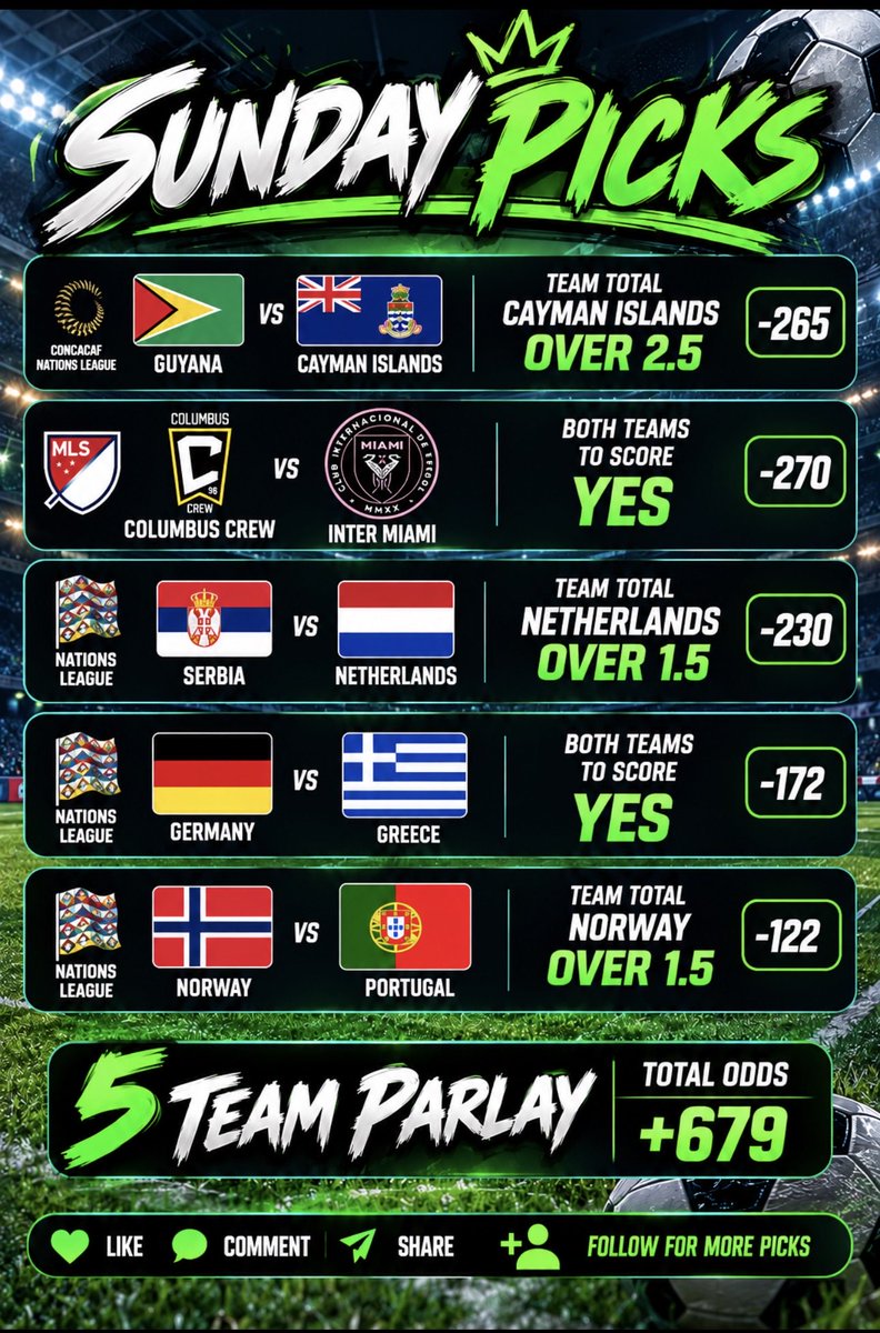 slegneadrobat's tweet photo. 🚨🍀☀️⚽️ SUNDAY PICKS ⚽️☀️

We’re back with 5 plays for today! 🔥
Let’s see if we can make it a GREEN Sunday 💚✅

What do you think of the card? 👀

Like ❤️ Repost 🔁 Comment 💬 &amp; Follow for more picks! https://t.co/R3VPS9OMCt