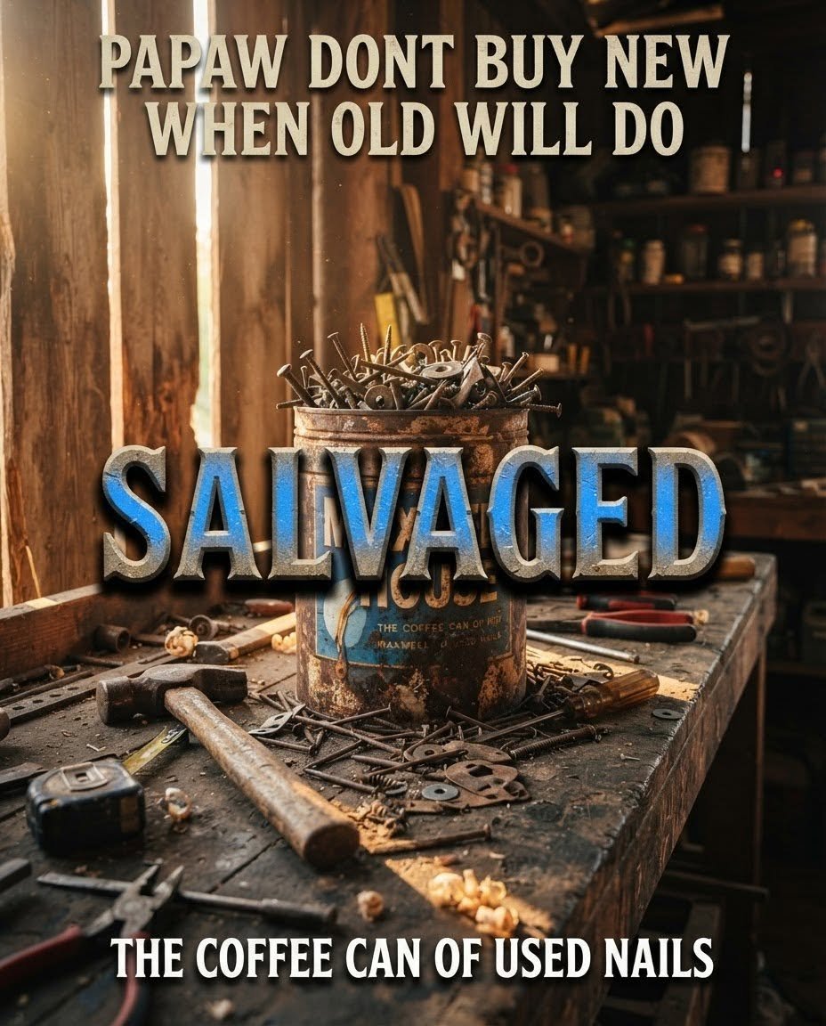 PopHemingway's tweet photo. My papaw keeps an old coffee can in his workshop absolutely overflowing with used nails, screws, and hinges pulled from every single structure that's ever been torn down on his property. 

He refuses to buy new hardware if there's any chance a used piece in that can will do the job, and he genuinely seems a little offended anytime somebody shows up with a fresh pack of nails from the store instead of digging through his can first. There's no organization to it whatsoever, it's just decades of salvaged hardware all mixed together, and somehow he can still dig through it and find exactly the right size screw almost every time.

I used to think it was just clutter until I realized that can basically holds pieces of every barn, fence, and shed that's ever stood on that land. That's a strange kind of history to keep in a coffee can.