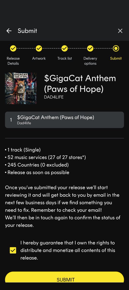 RealGigacatCTO's tweet photo. 🚨 THE $GIGACAT ANTHEM IS DROPPING 🚨

I just hit publish on "Paws of Hope"! 🎵 It's officially heading to 27 stores worldwide, including @Spotify , @AppleMusic , @amazonmusic , & YouTube Music. 🌍🎧

Just waiting on final approval—should be live in less than 24 hours! ⏳

This CTO is building an empire from the ground up and bringing real awareness to the street cats of Turkey. 🇹🇷🐱💪

We aren't just a meme. We’re a movement. Get your playlists ready! 🔥

#GIGACAT #SolanaCTO #PawsOfHope #Solana #CryptoCommunity #music