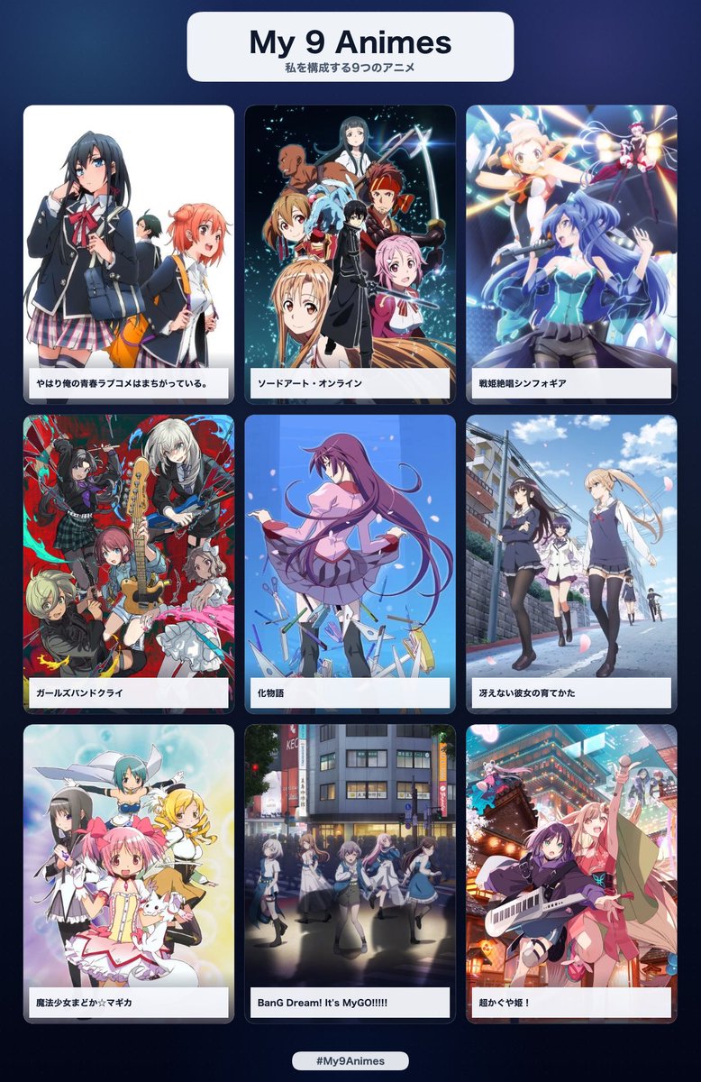 len_daoo's tweet photo. あ、今日の配信の最後に自分を構成する9つのアニメやるって言って忘れてたわ、置いておきます🤘

オタクアニメで固めておいたよ😅
こうみると歌歌いがちか？ https://t.co/6hcU7q34jk