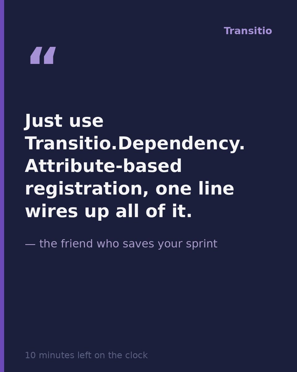 TransitioNET's tweet photo. Transitio.Dependency use case

#dotnet #csharp #transitio #dependencyinjection #devs https://t.co/9wHukbvLs7