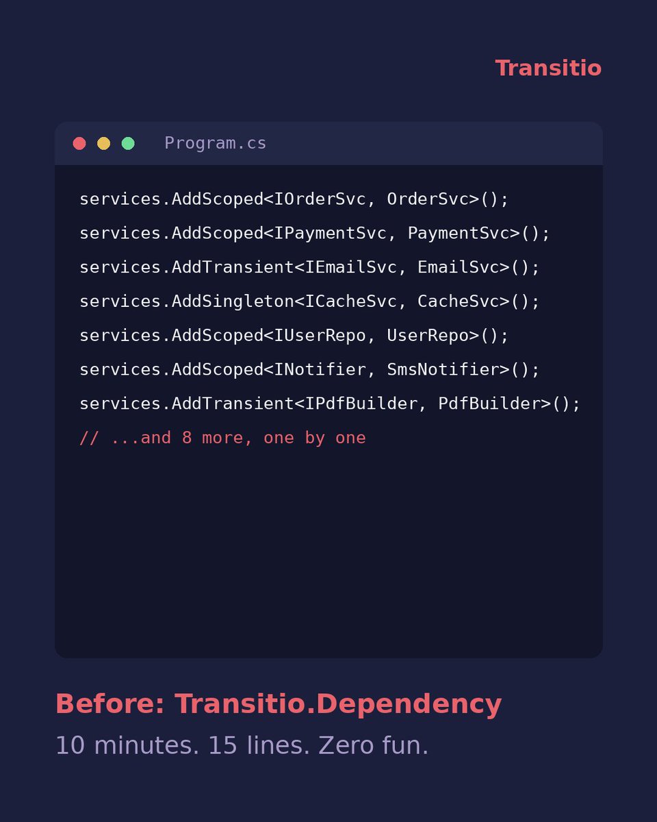 TransitioNET's tweet photo. Transitio.Dependency use case

#dotnet #csharp #transitio #dependencyinjection #devs https://t.co/9wHukbvLs7