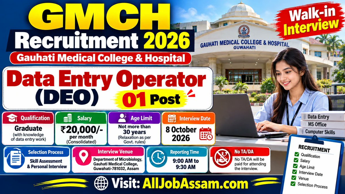 alljobassam's tweet photo. GMCH Recruitment 2026 – Apply for 01 Data Entry Operator Post
Apply Link: https://t.co/WmUX8npFQx
#GMCHRecruitment2026 #DataEntryOperator #01Post #GMCH #AssamJobs #GovernmentJobs #SarkariNaukri #JobAlert #HospitalJobs #MedicalCollegeJobs #GovtJobAlert #ApplyNow #Career2026 https://t.co/sSNcSVAQO2
