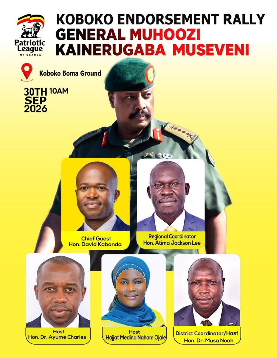 YellowBrigadeTF's tweet photo. Happy to see the first endorsement of Gen. Muhoozi Kainerugaba Museveni in West Nile taking place on 30 September 2026 in Koboko Districy, my neighbour. 
Asanteni Waheshimiwa
@DaudiKabanda
@MichealMawanda1
@AtimaCc 
@DrAyumeCharles 
@HajjatMedina
@noahmusa2015 https://t.co/rPd2cjBzJe