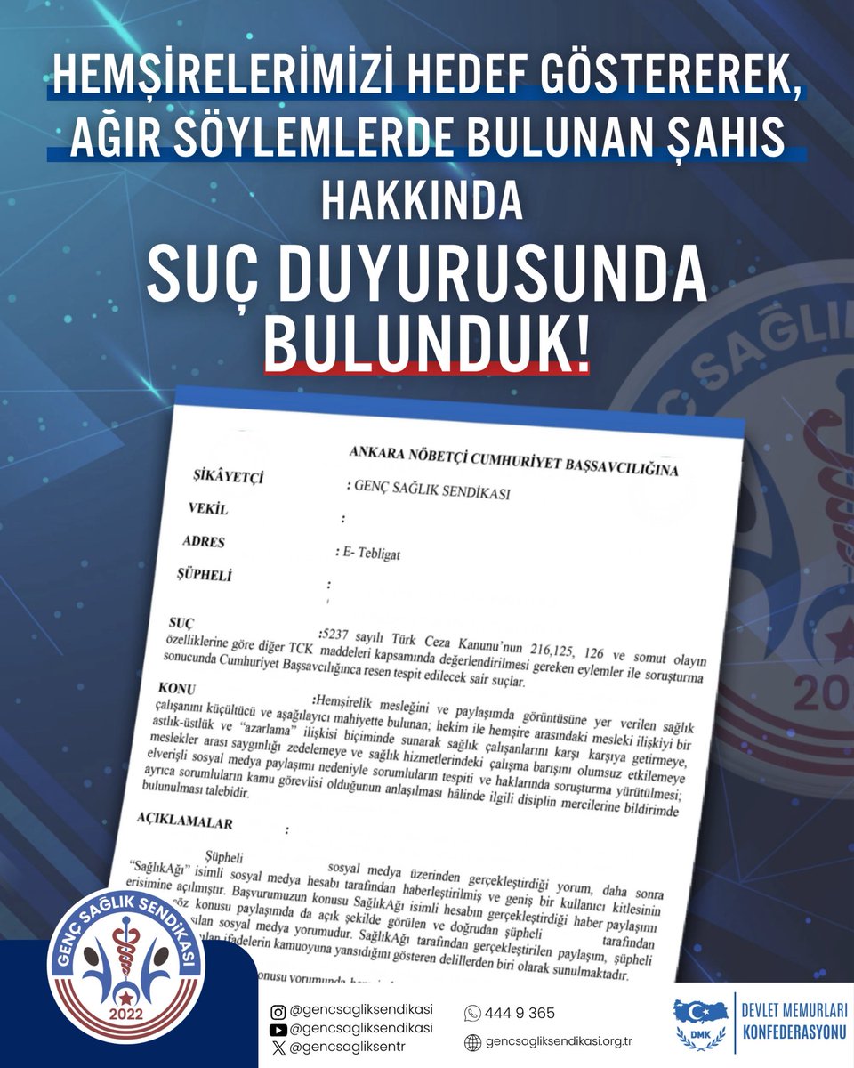 gencsagliksentr's tweet photo. Sosyal medya üzerinden hemşirelik mesleğini ve hemşireleri hedef alan, meslek onurunu ve itibarını zedeleyici ifadeler nedeniyle Genç Sağlık Sendikası olarak suç duyurusunda bulunduk.

Sağlık çalışanlarının itibarını ve çalışma barışını zedeleyen bu ifadelerin hukuki olarak takipçisi olacağız.

Sağlık hizmetinin bütünlüğünü, çalışma barışını ve tüm sağlık çalışanlarının mesleki itibarını korumak adına mücadelemizi sürdüreceğiz.