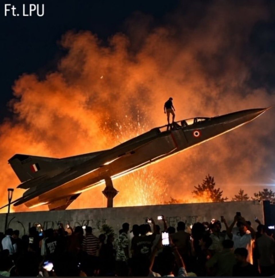 Vishaaakhaaa's tweet photo. THIS MIGHT BE THE COLDEST PICTURE OF 2026.

A girl was raped. Students burned down the university. 

Say what you want about Gen Z, but we’re NOT built to sit quietly when something like this happens.

The picture is of a student sitting on an IAF MiG-23UM aircraft. https://t.co/QAf0aIjhjy