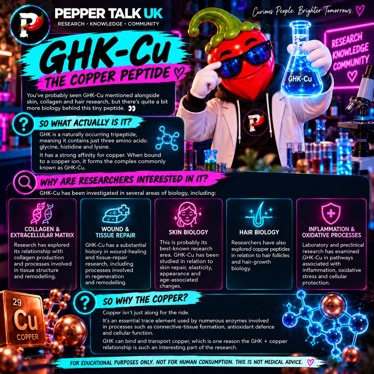 Peppertalkuk's tweet photo. 🔵 GHK-Cu: The Copper Peptide

A naturally occurring copper-binding tripeptide studied in skin, collagen, tissue repair &amp; regenerative biology. 🧬🔬

What peptide should we Pepper Talk about next? 🌶️

Educational only. Not medical advice.

#GHKCu https://t.co/AAi5begcGJ