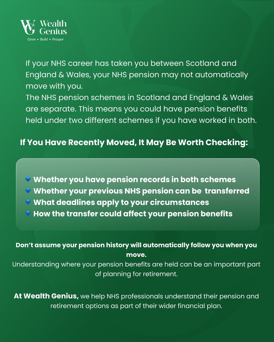 DB_Wales's tweet photo. Moved between NHS Scotland and NHS England?

Your NHS pension may not automatically follow you.

The two NHS pension schemes are separate, so you could have pension benefits recorded under both.

If you've moved, check your pension records, transfer options and any applicable deadlines.

Approver: Quilter Financial Services Limited – September 2026

#NHSPension #NHS #PensionPlanning #WealthGenius