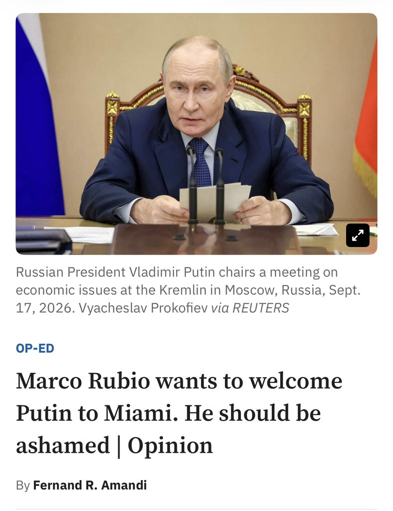 MarcoAFrieri's tweet photo. “Miami was built by people who escaped tyrants like Putin. We should not roll out a red carpet for him.” - @AmandiOnAir 

Every elected official in South Florida should be against inviting a dictator to Miami. https://t.co/HpYZEOKT1N