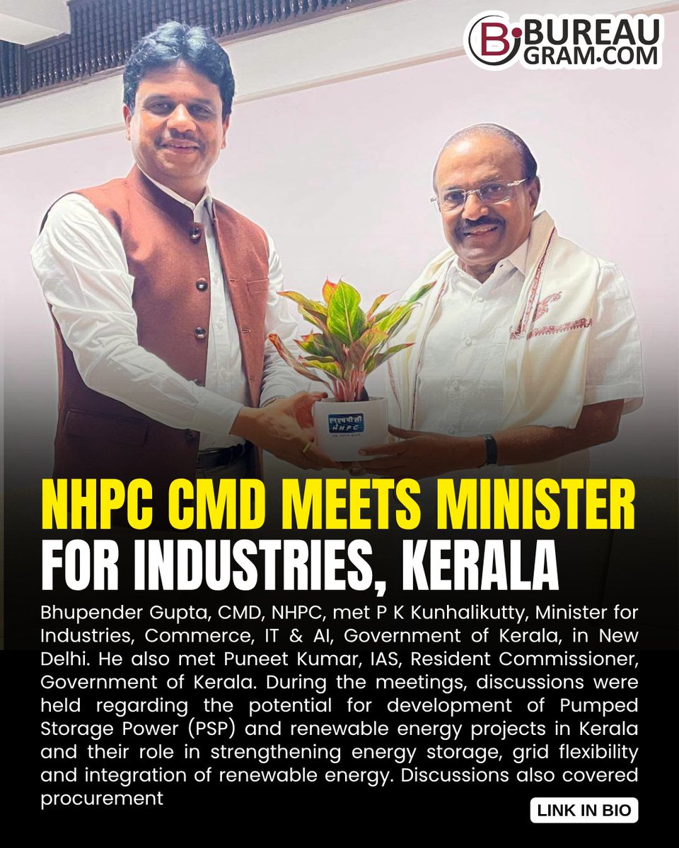 bureaugram's tweet photo. https://t.co/gciaPLxeyf
NHPC CMD meets Minister for Industries, Kerala... 
.
.
.
Read more on Bureaugram
@NHPCIndia @pkunhalikutty @KeralaGovt @MoP_GOI @mnreindia

#Bureaugram #NHPC #BhupenderGupta #PKKunhalikutty #Kerala #PumpedStoragePower #PSP #RenewableEnergy #EnergyStorage https://t.co/31JbVIndme