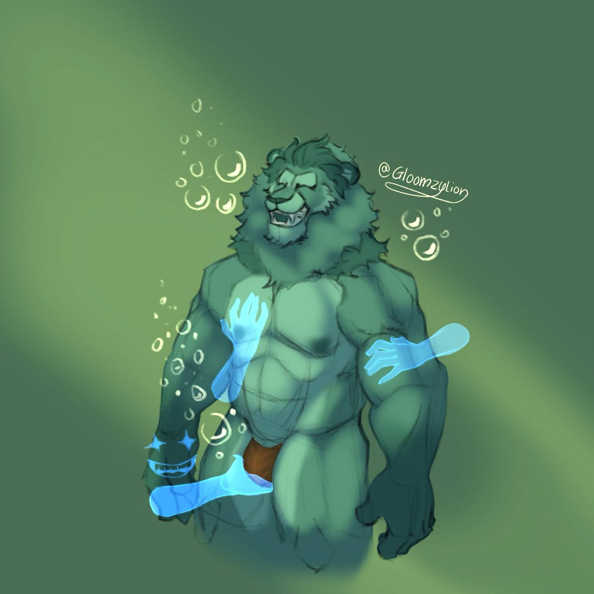 GloomzyLion's tweet photo. Asked Bf for a color. He said dark turquoise. Gave him some green lighting and now he’s underwater. Thanks to Jomo for the idea. 😏
#Muscle #Lion #Furry #Bara #Art #Ghost #Hands https://t.co/EudKFpVZDM