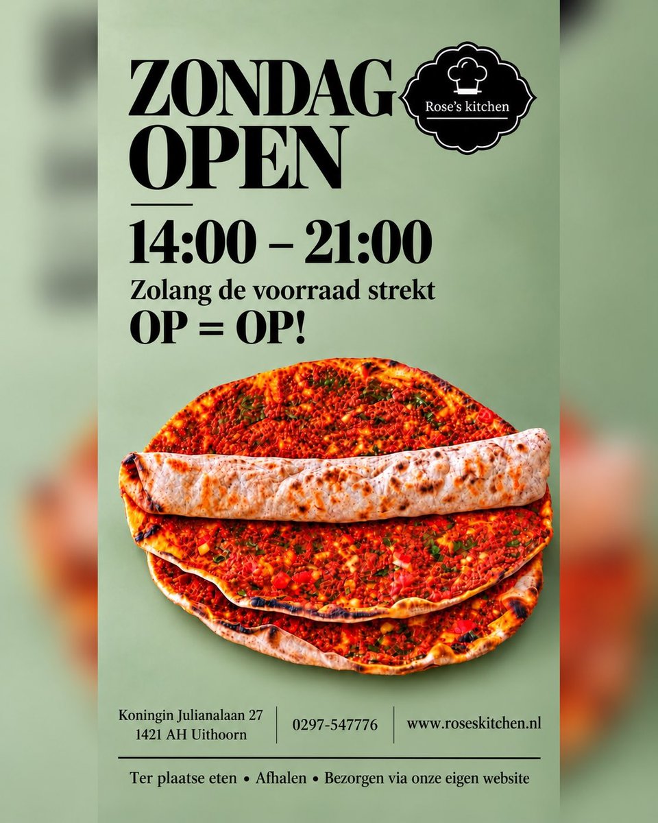 Roseskitchennl's tweet photo. Zondag zijn we open van 14:00 tot 21:00! Alles wordt vers bereid, dus zolang de voorraad strekt: op = op. Ter plaatse eten, afhalen of bezorgen via https://t.co/VpaW9XwrTk 📍 Koningin Julianalaan 27, Uithoorn #Uithoorn #DeKwakel #Aalsmeer #Mijdrecht #Amstelhoek https://t.co/eFIyWDYSNN