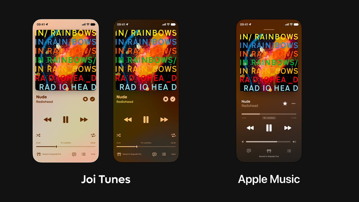 JoiTunes's tweet photo. A side-by-side Now Playing comparison with Apple Music. 

Unlike stock, Joi delivers full light &amp; dark theme support for millions of albums 🎑

#AppleMusic #NowPlaying https://t.co/cMORjyhxAT