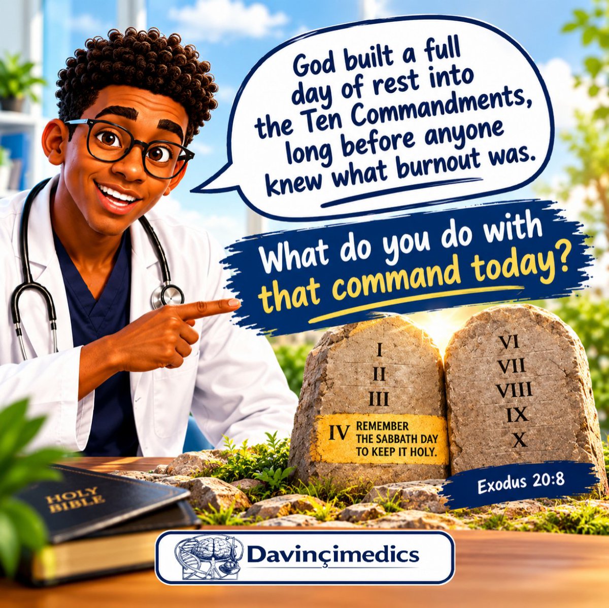 davincimedics_'s tweet photo. God built a full day of rest into the Ten Commandments, long before anyone knew what
burnout was. What do you do with that command today? Long before modern medicine,
Scripture was already speaking about rest, healing, and the body.  #MedTok #HealthFacts #DidYouKnow https://t.co/N6yArbgWbl