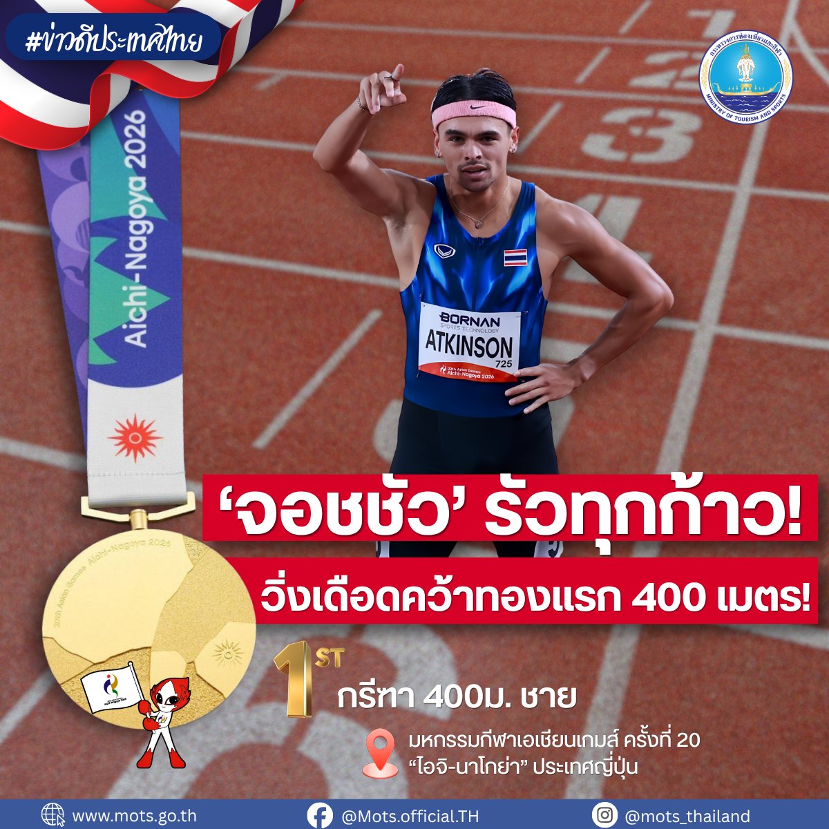 MOTS_Thai's tweet photo. 💙 กระทรวงการท่องเที่ยวและกีฬา ขอแสดงความยินดีกับ จอชชัว โรเบิร์ต แอทคินสัน นักกรีฑาทีมชาติไทย คว้าเหรียญทอง 🥇 การแข่งขันวิ่ง 400 เมตรชาย ในมหกรรมกีฬาเอเชียนเกมส์ ครั้งที่ 20 “ไอจิ-นาโกย่า 2026” 🔥  
#กระทรวงการท่องเที่ยวและกีฬา
#MOTS #AichiNagoya2026 #เอเชียนเกมส์ #ทีมชาติไทย https://t.co/b1uT4WyBaP