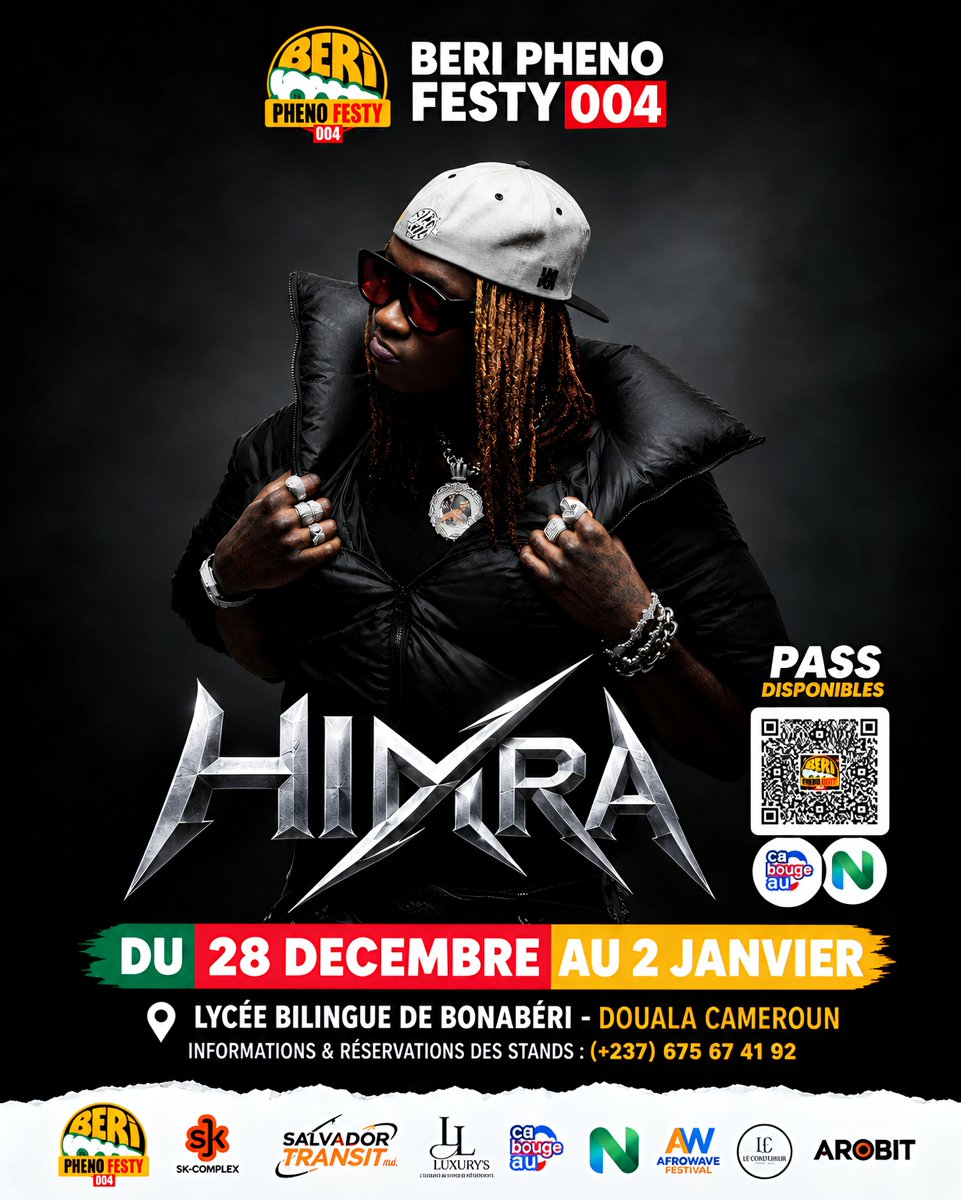 RChronik23218's tweet photo. 🚨 La billetterie du Beri Pheno Fest 004 est officiellement ouverte 🎟️🔥

Prévu du 28 décembre 2026 au 2 janvier 2027 au Lycée Bilingue de Bonaberi, le festival annonce notamment la présence du rappeur ivoirien Himra.

🎟️ Billets : https://t.co/MOTL45Lvuk https://t.co/ZjnFOZK4K2