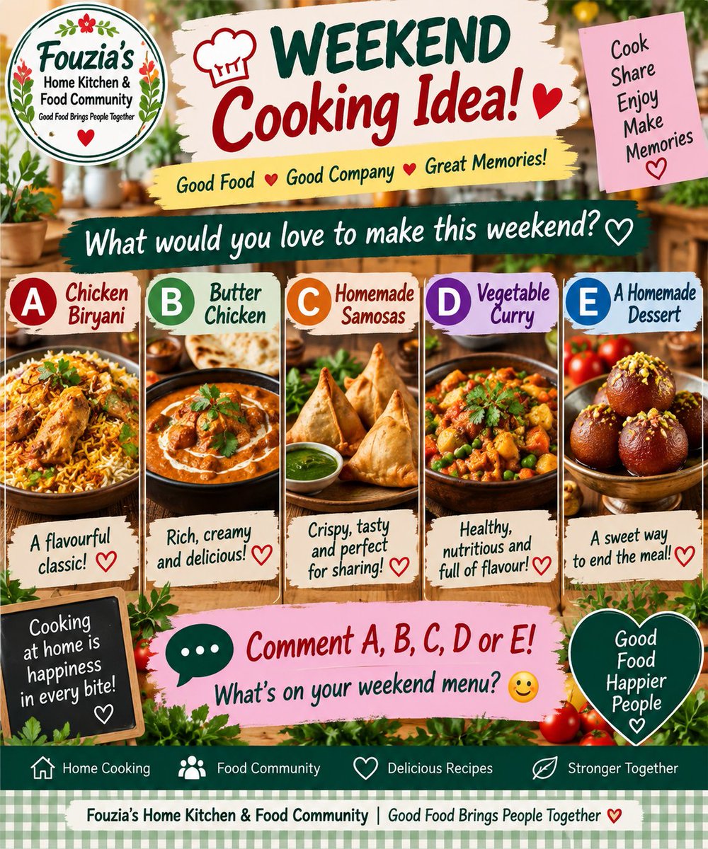 FouziaKitchen_9's tweet photo. 👩‍🍳 Weekend cooking is a great chance to try something new! What do you usually make when you have more time in the kitchen?
 
Share your favourite weekend recipe or meal idea. 🍲
 
#WeekendCooking #HomeCooking #FoodLovers #CookingIdeas #TorontoFood https://t.co/s2QhkZWh98