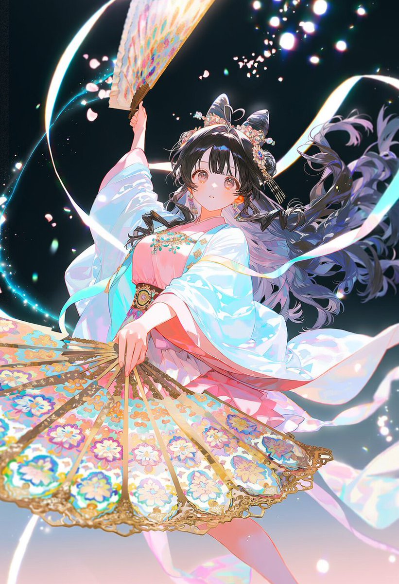 yeon__ing's tweet photo. [갑자기 부채가 들고 싶어서🪭]
프롬 공유(V5/4.5/픽스)
solo, 1.2::dynamic action pose::, 1.4::pastel colors, ornate Eastern traditional costume::, 1.3::layered robes, short skirt, rich embroidery, gold details::, silk fabric, flowing sleeves, decorative sashes, jewelry, ornate hair ornaments, 1.5::holding huge ornate folding fans::, 1.3::large embroidered fans, colorful floral patterns, gold ornamentation::,
1.6::magical trails following the fans::, 1.5::glowing energy trails::, 1.5::flowing luminous ribbons::,
1.4::sparkling particles, glowing droplets::, swirling energy, luminous arcs, floating petals,
wind-swept clothing, flowing fabric, dramatic motion, wide composition, dramatic perspective,
dark background, 1.3::high contrast::,
vivid saturated colors, brilliant highlights,
iridescent glow, cinematic lighting, ethereal glow

의상, 자세, 구도 다 랜덤입니다 :)
저는 pastel colors 를 넣었는데 쨍한 색감을 좋아하시면 빼시는걸 추천드려요