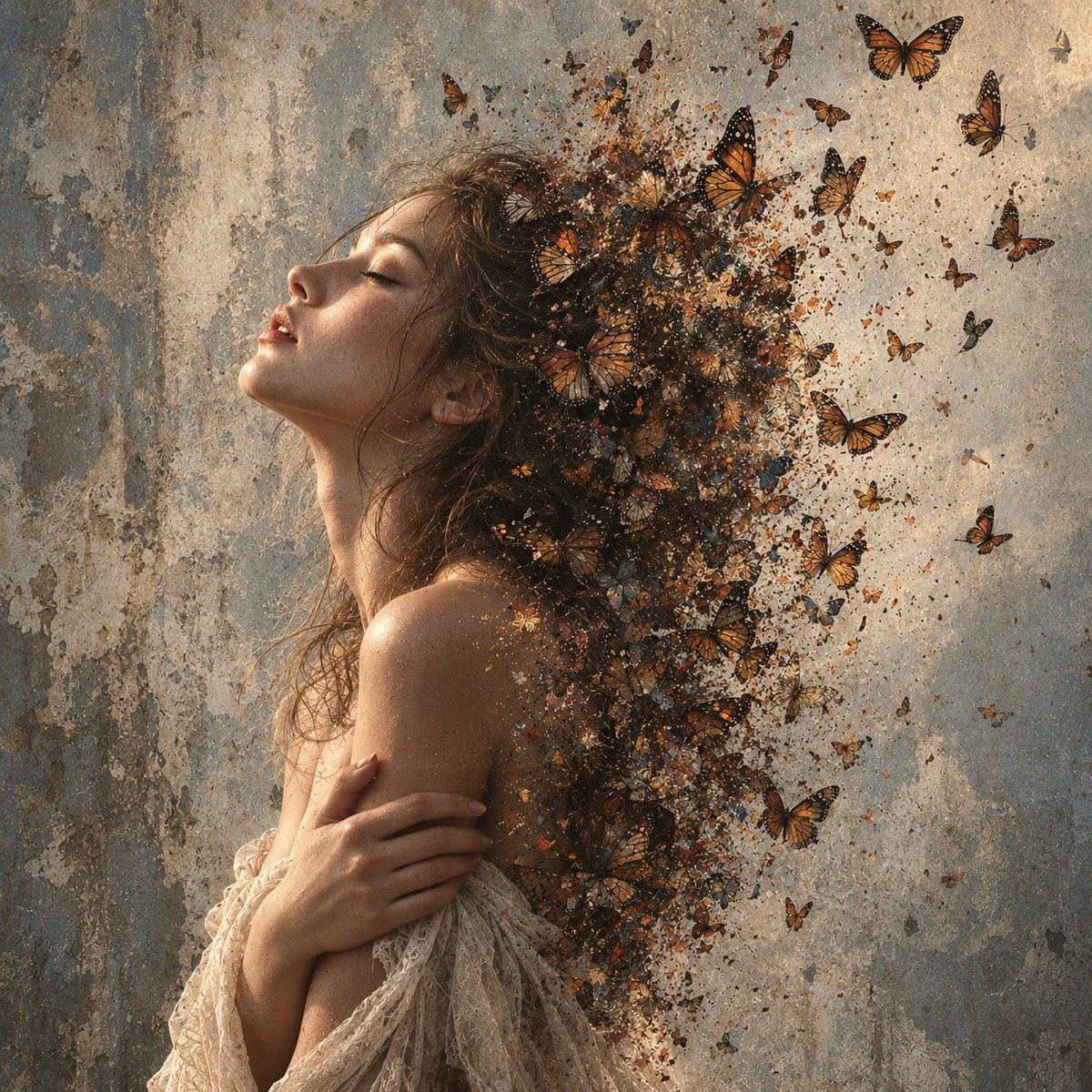 Tanvir48992's tweet photo. Sometimes freedom looks like letting the old version of you fly away. 🦋✨

Prompt:

A surreal black-and-white double-exposure style portrait of a young woman in profile, eyes closed, head tilted back with an expression of serene release. Her bare shoulders are visible, arms crossed gently over her chest, wearing a flowing, loosely draped fabric/dress. The right side of her head and hair dissolves into a swarm of dozens of monarch-style butterflies, as if her hair and body are transforming into and disintegrating into butterflies flying upward and outward, creating a dispersion/disintegration effect. Fine particle/dust texture accompanies the butterfly dispersion. The background is a textured, weathered concrete/plaster wall in soft grey and off-white tones with grunge, water-stained, distressed texture and visible scratches. The image has a vintage film grain overlay, high contrast lighting emphasizing skin texture and shadow on her face and shoulder, moody chiaroscuro lighting. Overall mood is dreamlike, melancholic yet liberating — symbolizing transformation, freedom, or release. Square format composition, fine art conceptual photography style, monochrome duotone.

Style: conceptual fine art photography, double exposure, disintegration effect, monarch butterflies, surreal transformation, monochrome, grunge texture, dramatic lighting, symbolic portraiture