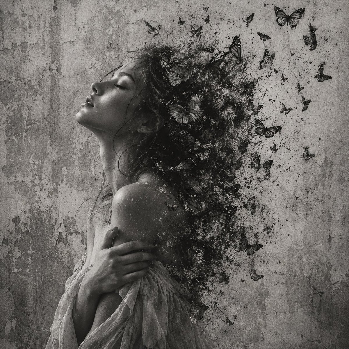 Tanvir48992's tweet photo. Sometimes freedom looks like letting the old version of you fly away. 🦋✨

Prompt:

A surreal black-and-white double-exposure style portrait of a young woman in profile, eyes closed, head tilted back with an expression of serene release. Her bare shoulders are visible, arms crossed gently over her chest, wearing a flowing, loosely draped fabric/dress. The right side of her head and hair dissolves into a swarm of dozens of monarch-style butterflies, as if her hair and body are transforming into and disintegrating into butterflies flying upward and outward, creating a dispersion/disintegration effect. Fine particle/dust texture accompanies the butterfly dispersion. The background is a textured, weathered concrete/plaster wall in soft grey and off-white tones with grunge, water-stained, distressed texture and visible scratches. The image has a vintage film grain overlay, high contrast lighting emphasizing skin texture and shadow on her face and shoulder, moody chiaroscuro lighting. Overall mood is dreamlike, melancholic yet liberating — symbolizing transformation, freedom, or release. Square format composition, fine art conceptual photography style, monochrome duotone.

Style: conceptual fine art photography, double exposure, disintegration effect, monarch butterflies, surreal transformation, monochrome, grunge texture, dramatic lighting, symbolic portraiture