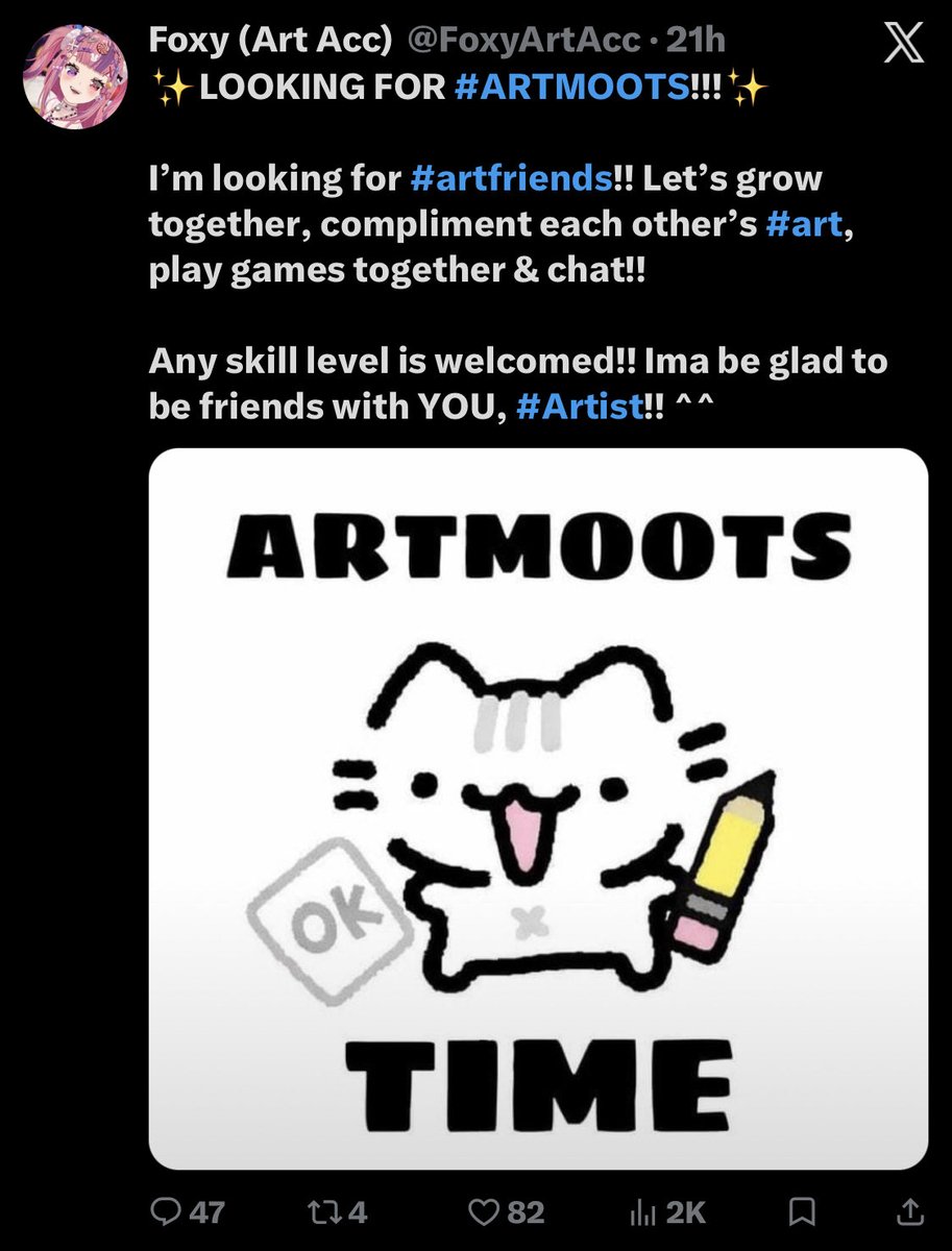 FoxyArtAcc's tweet photo. TO ALL OF THE PEOPLE WHO WANTED TO BE #ARTMOOTS FROM THIS POST

IVE TURNED ON DMS!!! PLEASE DM ME LETS BE #MOOTS!!! ^^

#art #artmoots #artfriends #artist https://t.co/N5Ycna3tlf