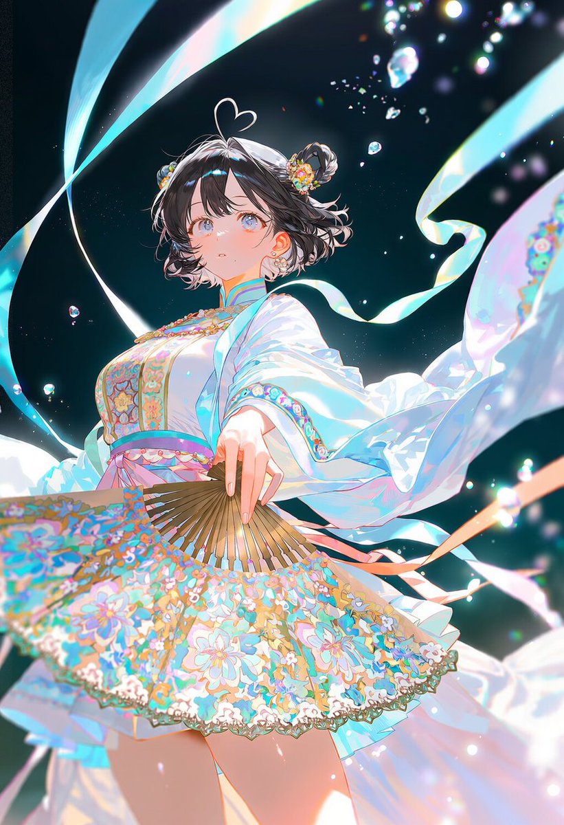 yeon__ing's tweet photo. [갑자기 부채가 들고 싶어서🪭]
프롬 공유(V5/4.5/픽스)
solo, 1.2::dynamic action pose::, 1.4::pastel colors, ornate Eastern traditional costume::, 1.3::layered robes, short skirt, rich embroidery, gold details::, silk fabric, flowing sleeves, decorative sashes, jewelry, ornate hair ornaments, 1.5::holding huge ornate folding fans::, 1.3::large embroidered fans, colorful floral patterns, gold ornamentation::,
1.6::magical trails following the fans::, 1.5::glowing energy trails::, 1.5::flowing luminous ribbons::,
1.4::sparkling particles, glowing droplets::, swirling energy, luminous arcs, floating petals,
wind-swept clothing, flowing fabric, dramatic motion, wide composition, dramatic perspective,
dark background, 1.3::high contrast::,
vivid saturated colors, brilliant highlights,
iridescent glow, cinematic lighting, ethereal glow

의상, 자세, 구도 다 랜덤입니다 :)
저는 pastel colors 를 넣었는데 쨍한 색감을 좋아하시면 빼시는걸 추천드려요