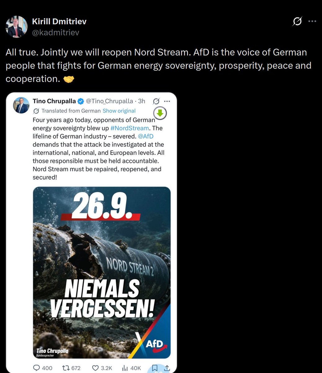 christogrozev's tweet photo. I am sure Putin's rep is very interested in "German energy sovereignty" and "peace". I mean, what else but energy sovereignty and peace have we seen while NS was functioning? https://t.co/yLfSGppBHA