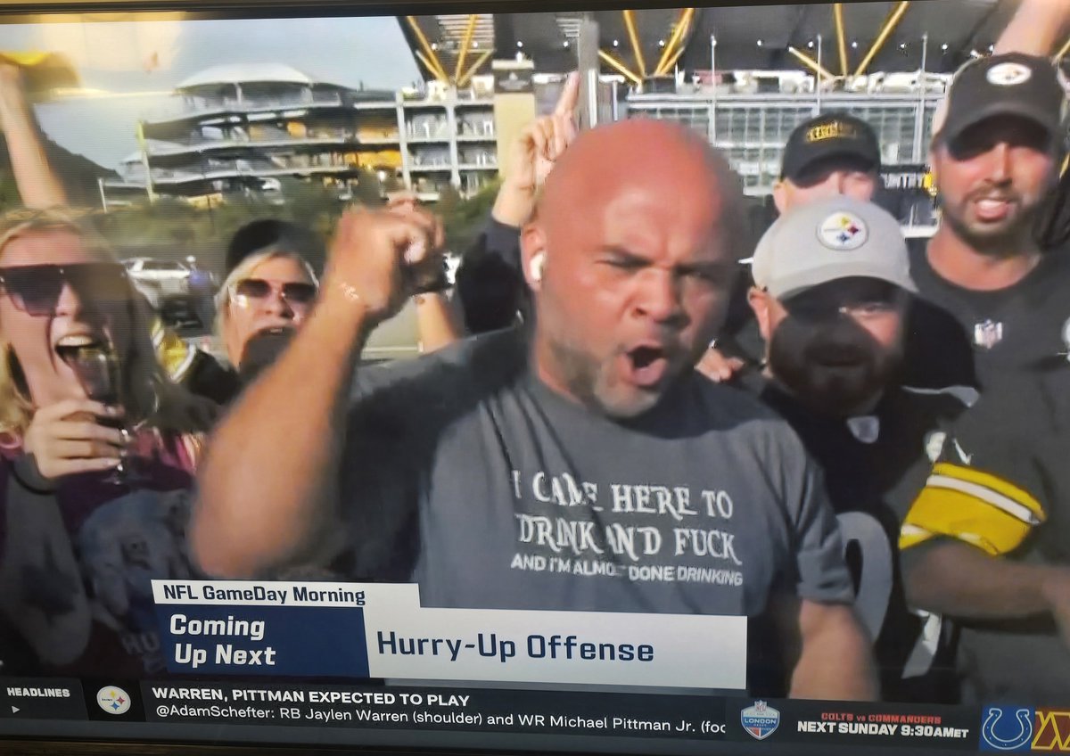 Odiedgr8's tweet photo. Surely the remote team saw this guy and read what his shirt said. #nfl @nflnetwork @NFLMemes @NFL ... he's almost done drinkin, so watch out! 😂 @steelers https://t.co/wvQAYjEABX
